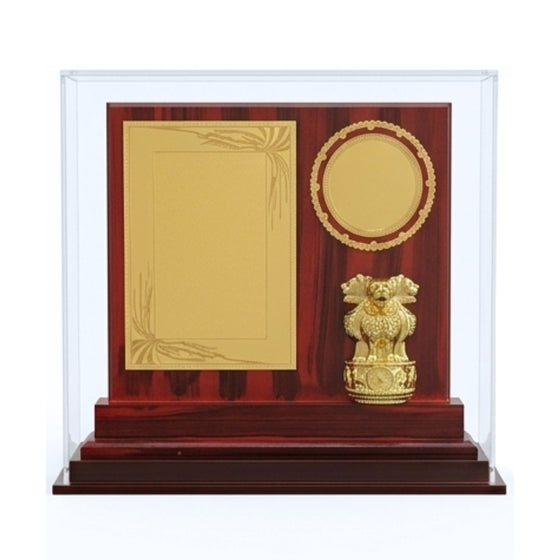 Premium Wooden Recognition Memento with Golden Ashoka Pillar Emblem, Custom Engraving Plates, and Acrylic Display Case GC-M-57-A