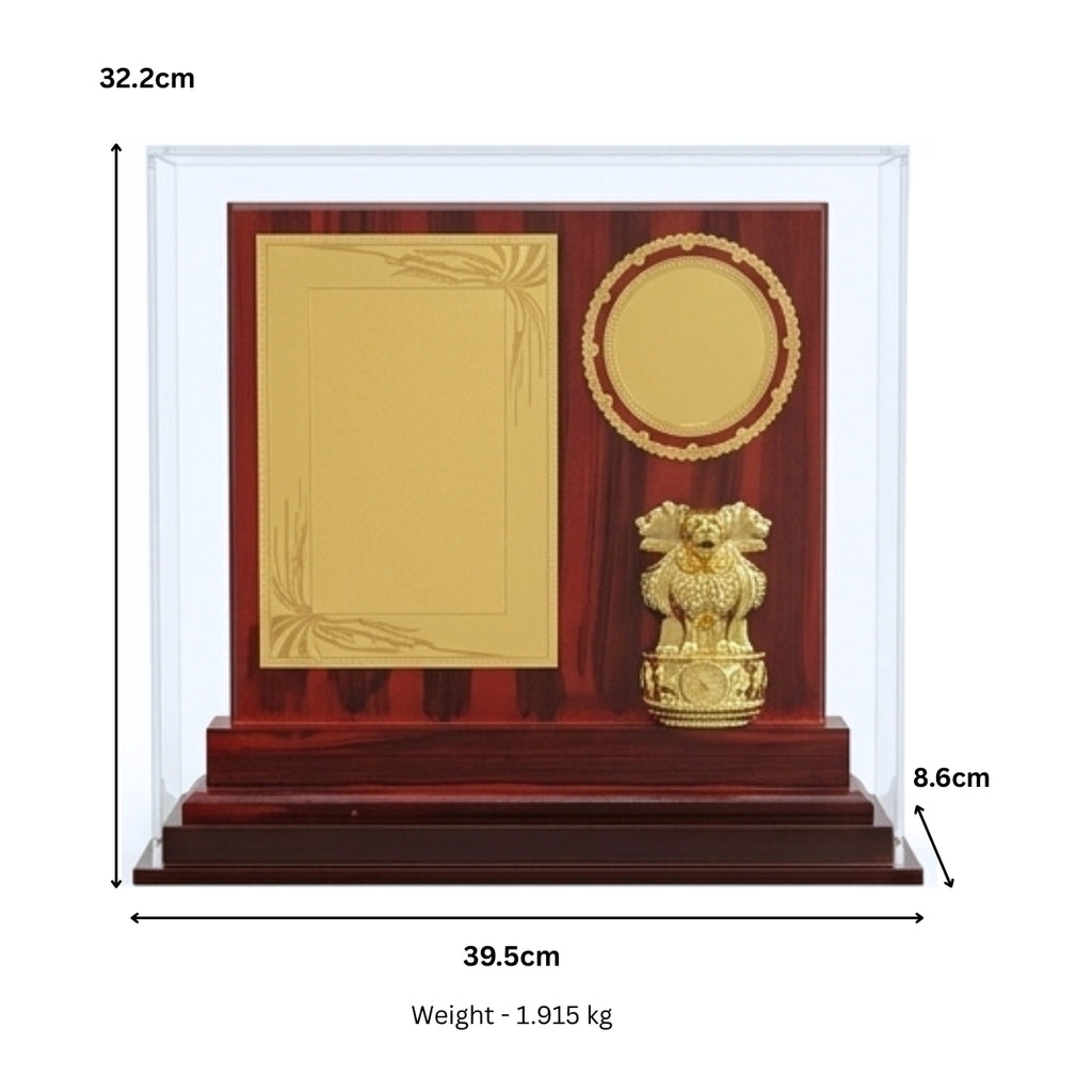 Premium Wooden Recognition Memento with Golden Ashoka Pillar Emblem, Custom Engraving Plates, and Acrylic Display Case GC-M-57-A