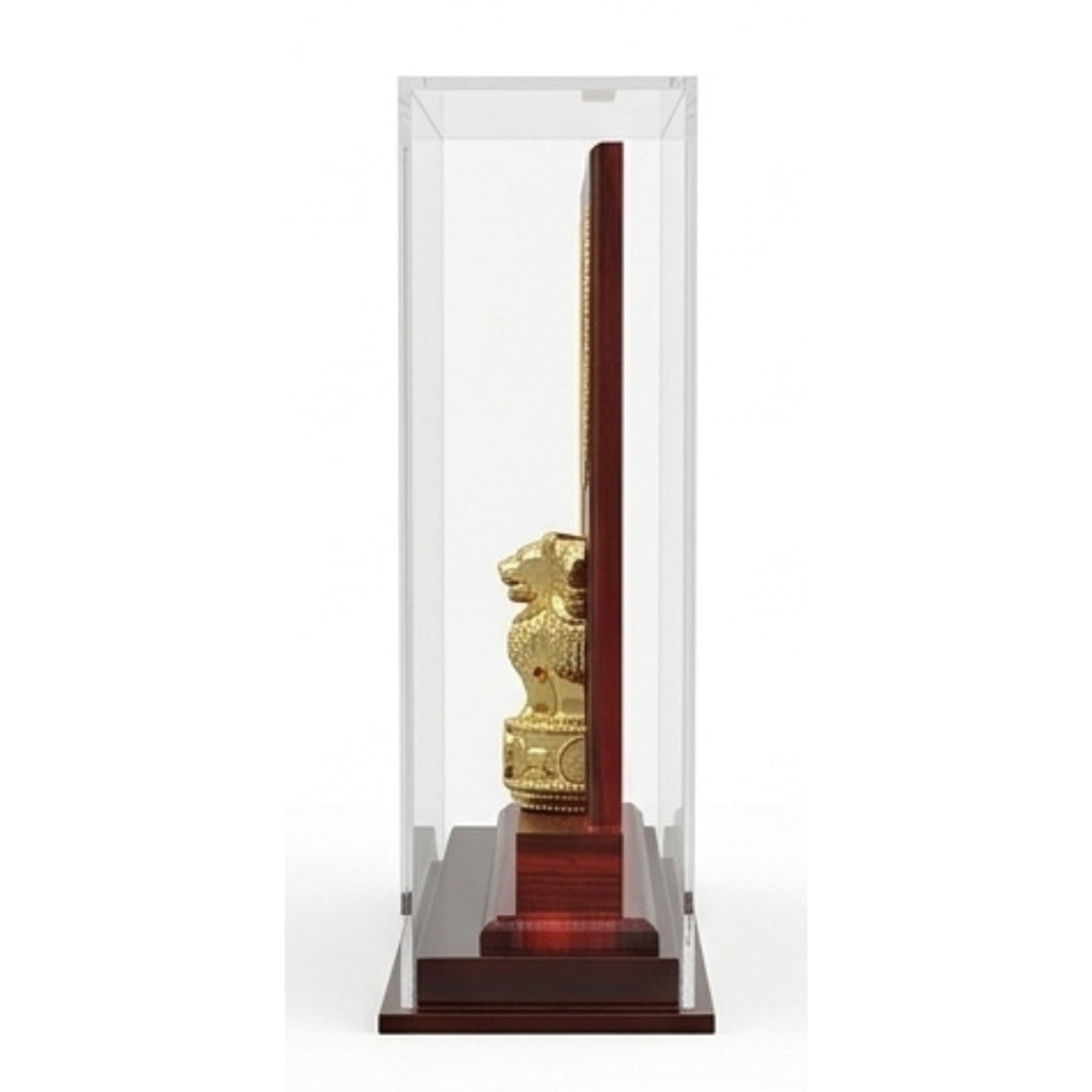 Premium Wooden Recognition Memento with Golden Ashoka Pillar Emblem, Custom Engraving Plates, and Acrylic Display Case GC-M-57-A