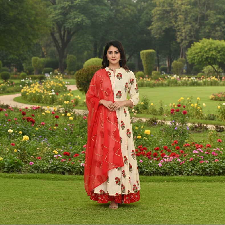 CraftEarth Women's Off-White Floral Printed Suit Set with Dupatta K-D159