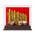 Premium Handcrafted Indian Classical Music Heritage Souvenir | Golden Gwalior Fort & Miniature Sitar-Tabla Replica Set in Acrylic Display Case GC-W-169-D