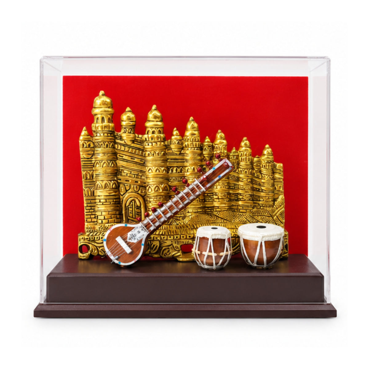 Premium Handcrafted Indian Classical Music Heritage Souvenir | Golden Gwalior Fort & Miniature Sitar-Tabla Replica Set in Acrylic Display Case GC-W-169-D