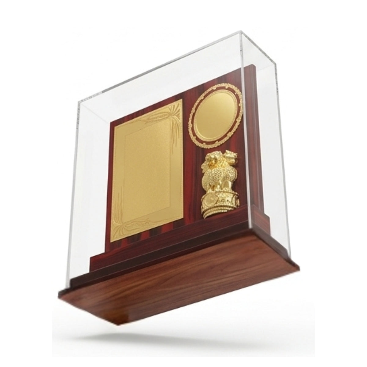 Premium Wooden Recognition Memento with Golden Ashoka Pillar Emblem, Custom Engraving Plates, and Acrylic Display Case GC-M-57-A