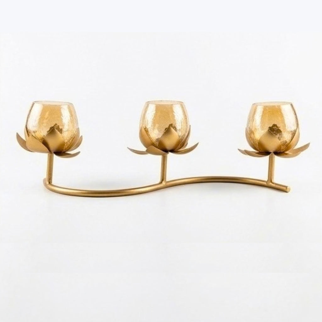 Luxury Metallic Lotus Flower Candle Caddy – Indian Festive Diwali Centerpiece & Premium Housewarming Gift I-164-A