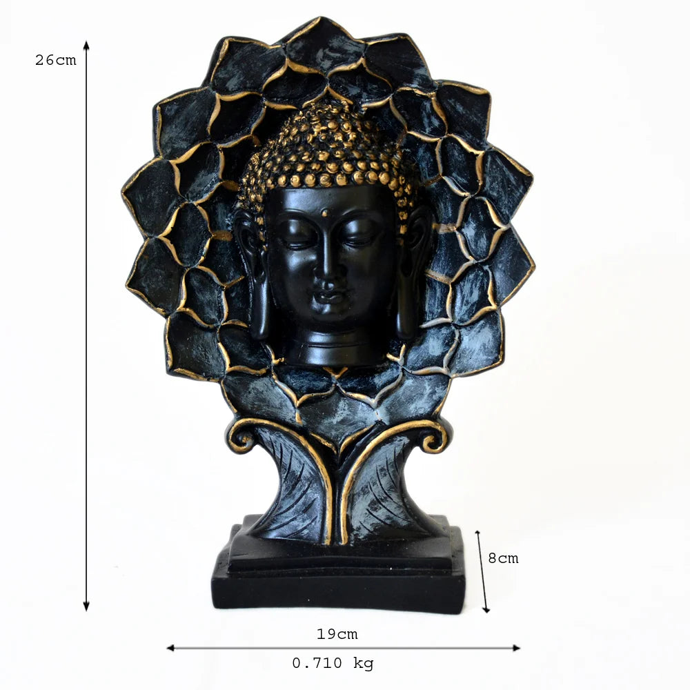 Black & Gold Buddha Face Statue with Lotus Frame F-26-A-B