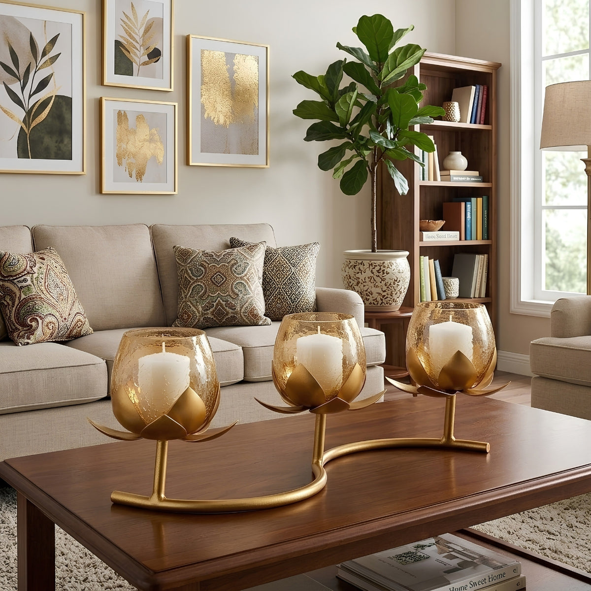 Luxury Metallic Lotus Flower Candle Caddy – Indian Festive Diwali Centerpiece & Premium Housewarming Gift I-164-A