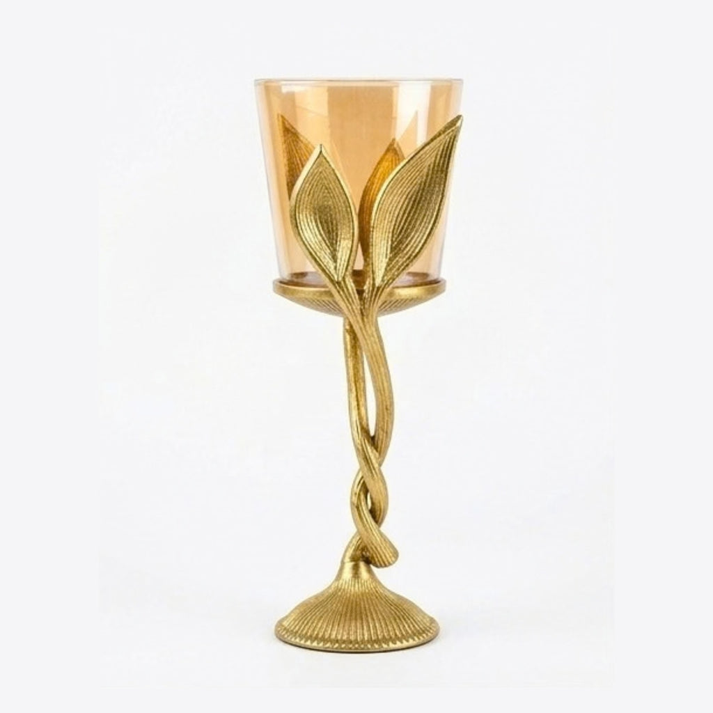Elegant Gold Vine Pillar Candle Holder – Single Metal Hurricane T-Light Stand with Amber Glass – Modern Table Centerpiece for Living Room & Weddings I-147-B