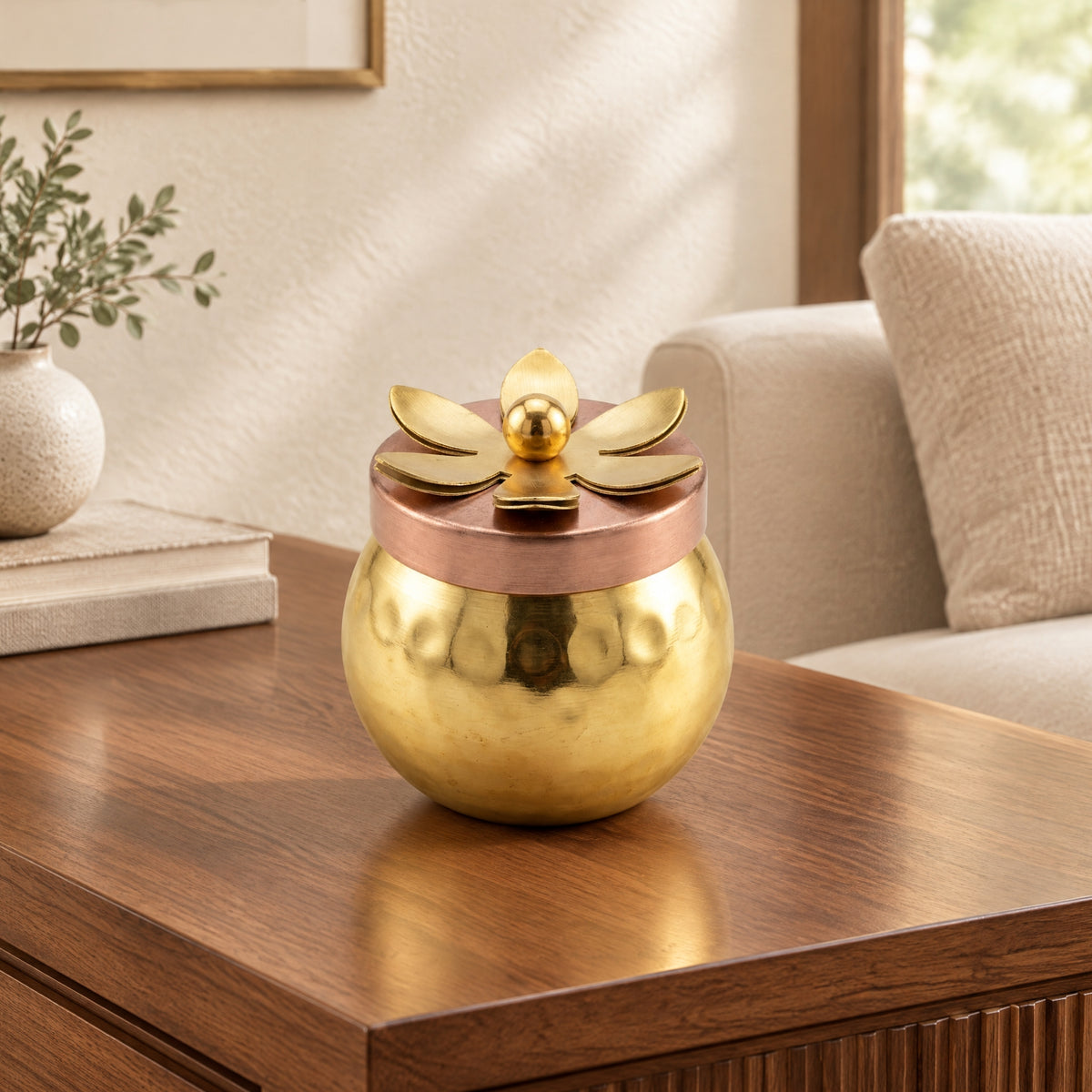 Artisanal Hammered Metal Miniature Utility Jar with Ornate Lotus Lid (Single Piece) W-70-B
