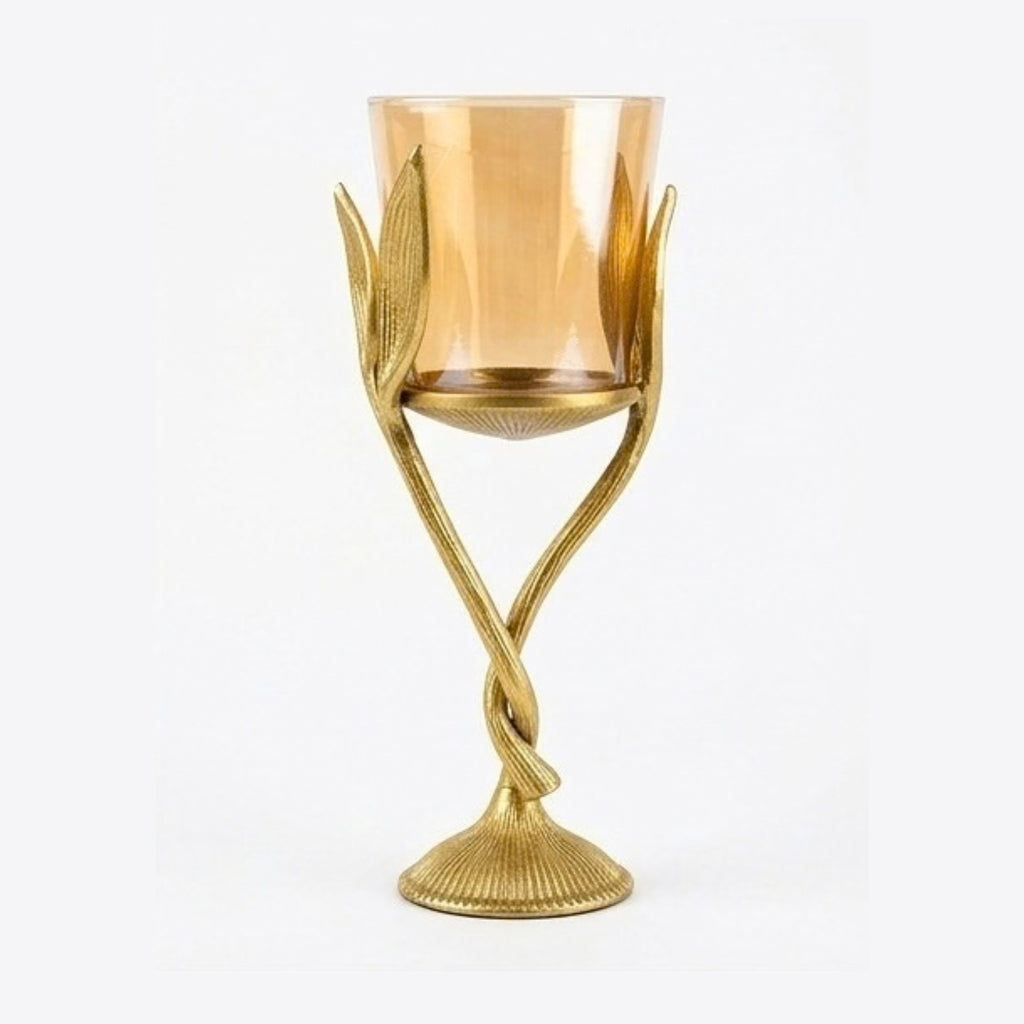 Elegant Gold Vine Pillar Candle Holder – Single Metal Hurricane T-Light Stand with Amber Glass – Modern Table Centerpiece for Living Room & Weddings I-147-B