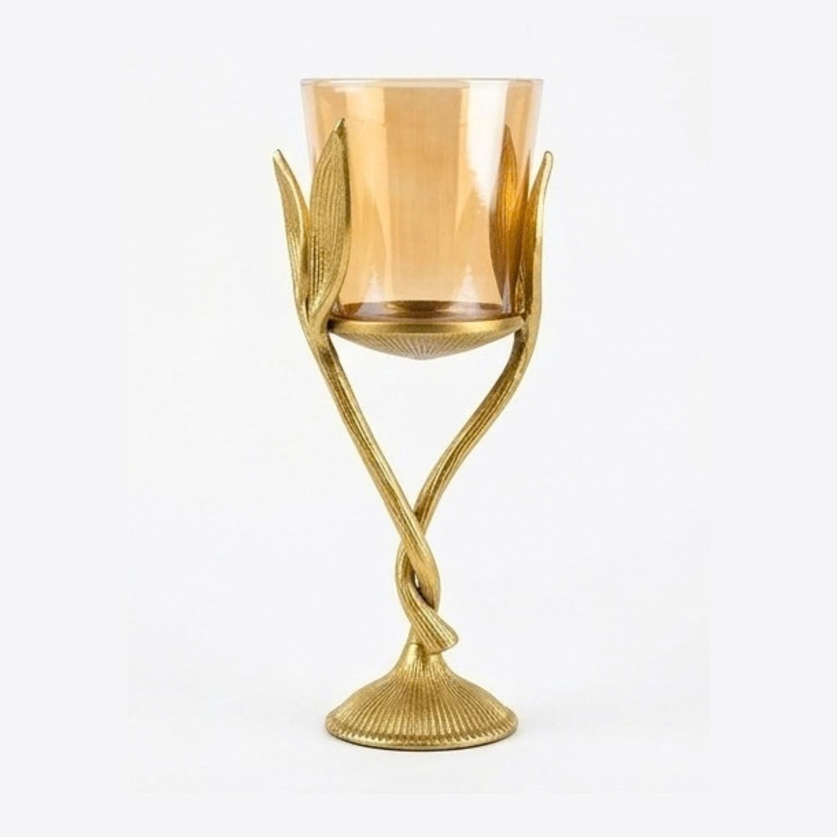 Elegant Gold Vine Pillar Candle Holder – Single Metal Hurricane T-Light Stand with Amber Glass – Modern Table Centerpiece for Living Room & Weddings I-147-B