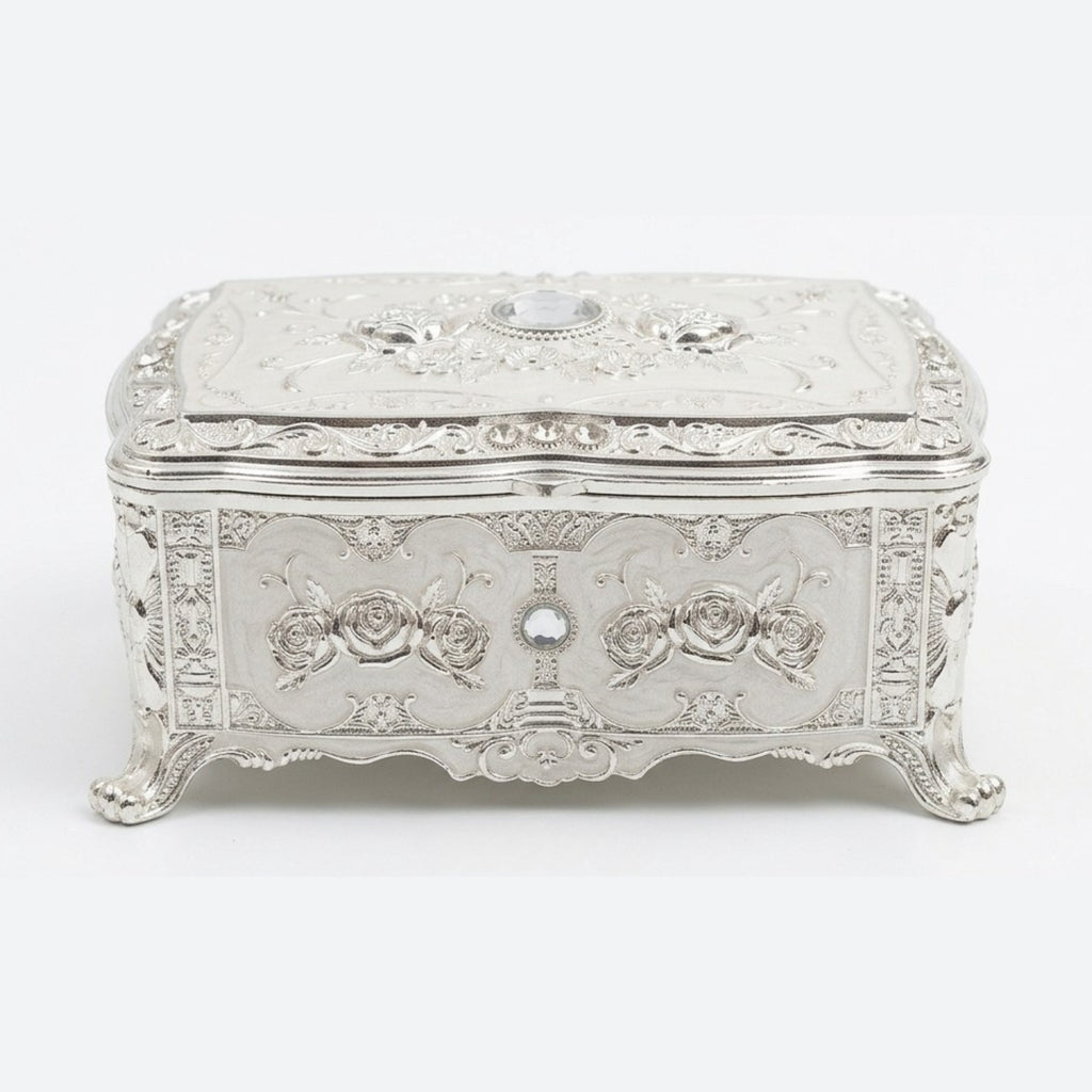Vintage Antique-Style Silver Engraved Jewelry Box with Rose Relief & Crystal Accents W-78-A