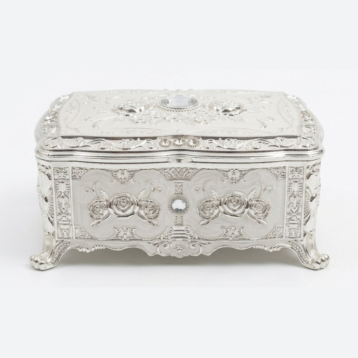 Vintage Antique-Style Silver Engraved Jewelry Box with Rose Relief & Crystal Accents W-78-A