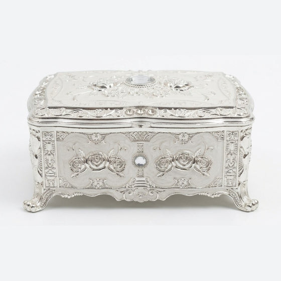 Vintage Antique-Style Silver Engraved Jewelry Box with Rose Relief & Crystal Accents W-78-A