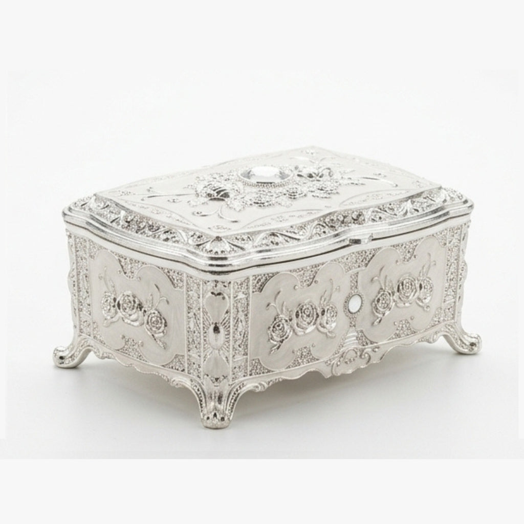 Vintage Antique-Style Silver Engraved Jewelry Box with Rose Relief & Crystal Accents W-78-A