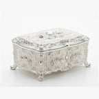 Vintage Antique-Style Silver Engraved Jewelry Box with Rose Relief & Crystal Accents W-78-A