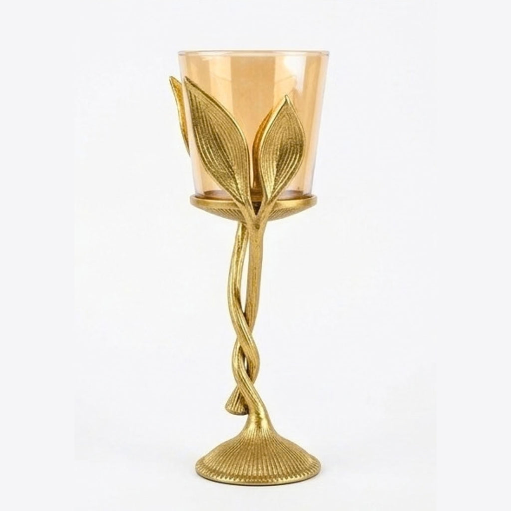 Elegant Gold Vine Pillar Candle Holder – Single Metal Hurricane T-Light Stand with Amber Glass – Modern Table Centerpiece for Living Room & Weddings I-147-B