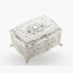 Vintage Antique-Style Silver Engraved Jewelry Box with Rose Relief & Crystal Accents W-78-A