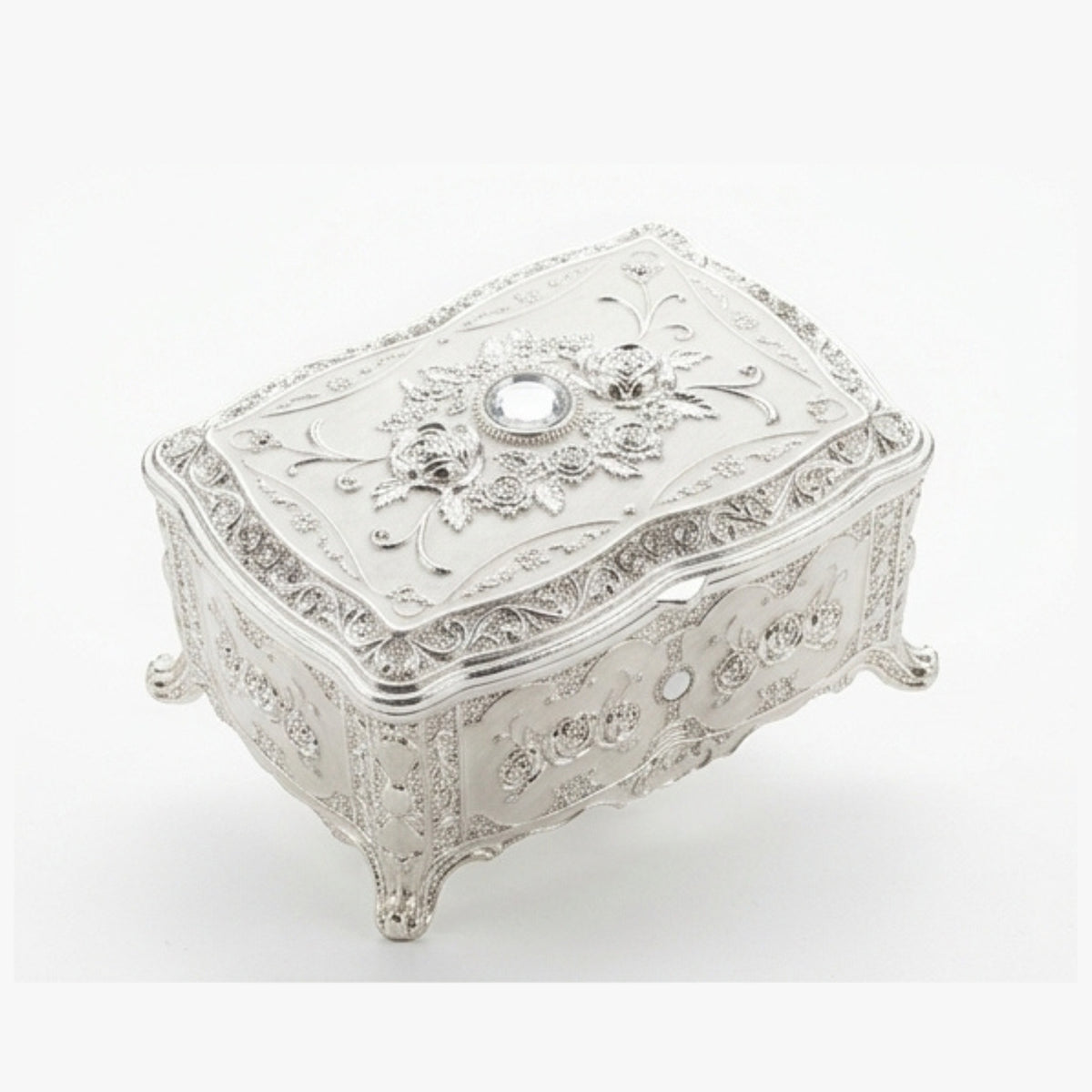 Vintage Antique-Style Silver Engraved Jewelry Box with Rose Relief & Crystal Accents W-78-A