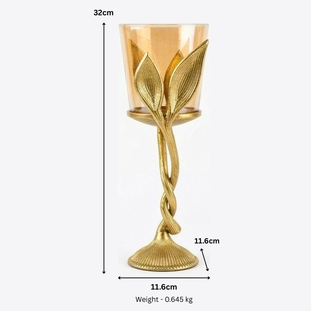 Elegant Gold Vine Pillar Candle Holder – Single Metal Hurricane T-Light Stand with Amber Glass – Modern Table Centerpiece for Living Room & Weddings I-147-B