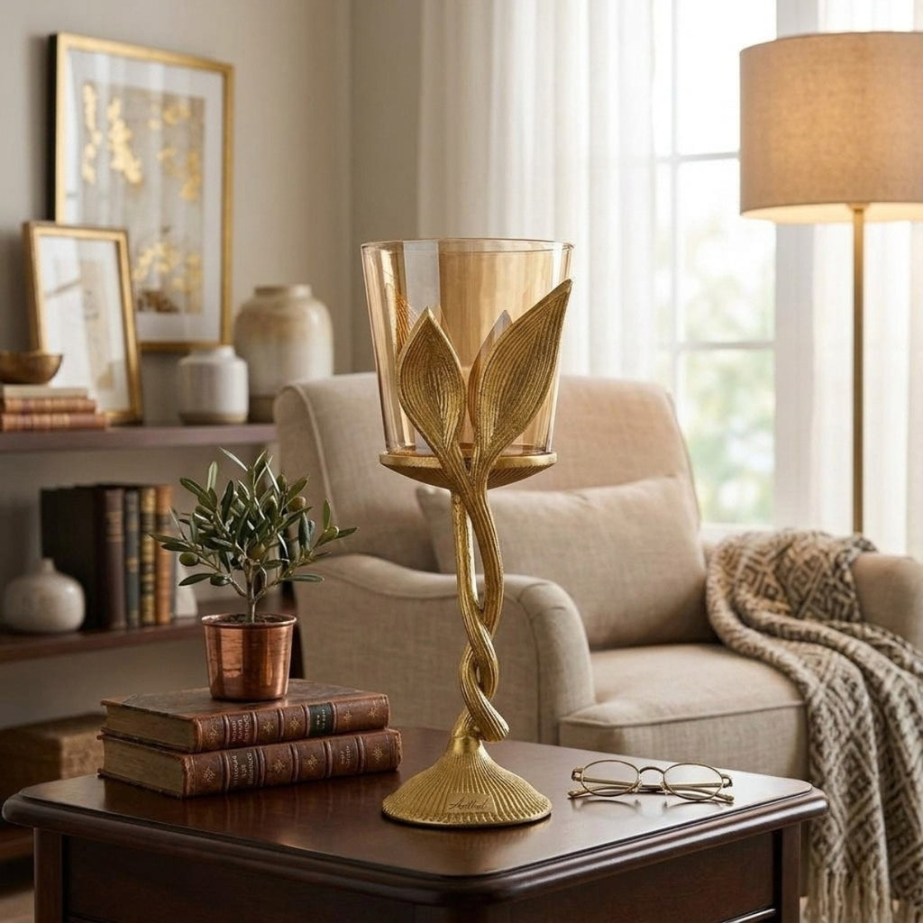 Elegant Gold Vine Pillar Candle Holder – Single Metal Hurricane T-Light Stand with Amber Glass – Modern Table Centerpiece for Living Room & Weddings I-147-B