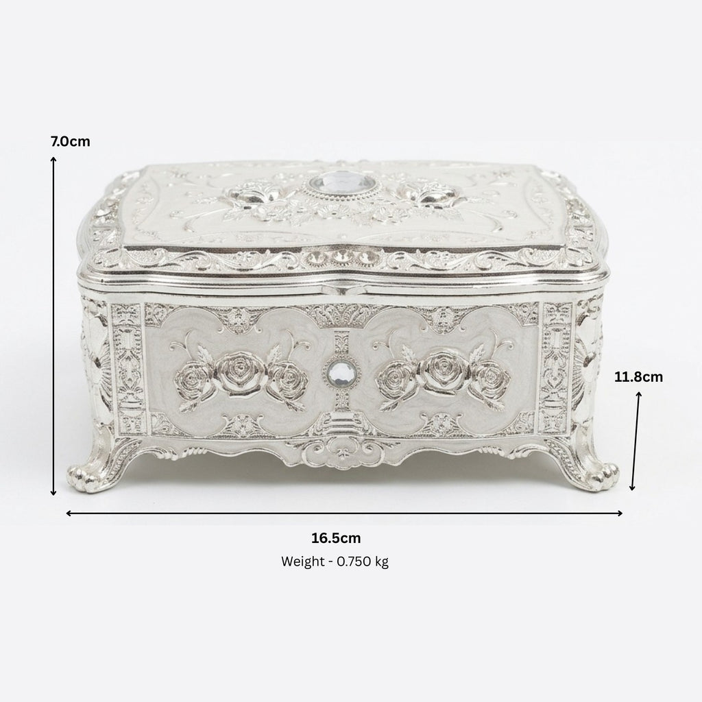 Vintage Antique-Style Silver Engraved Jewelry Box with Rose Relief & Crystal Accents W-78-A