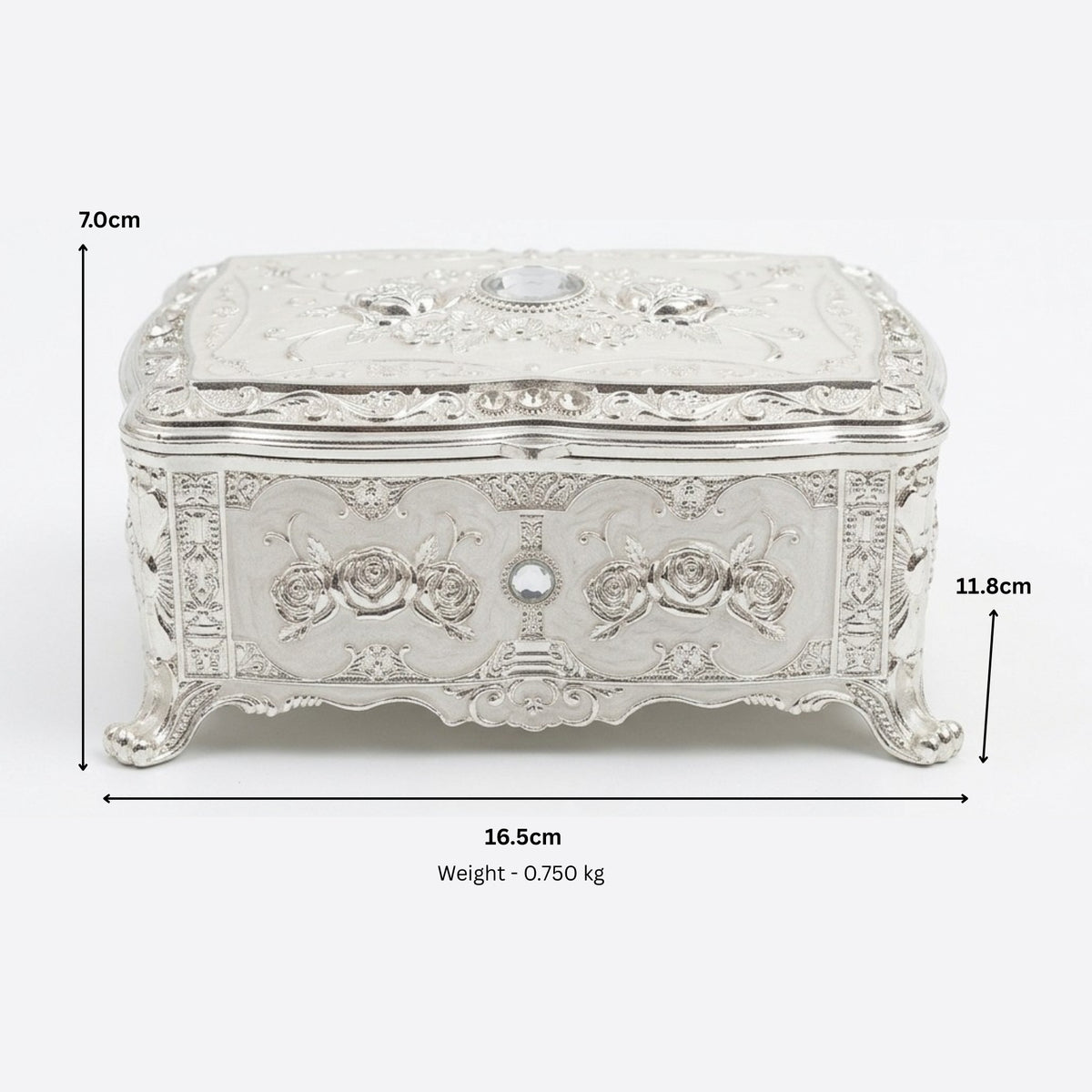 Vintage Antique-Style Silver Engraved Jewelry Box with Rose Relief & Crystal Accents W-78-A
