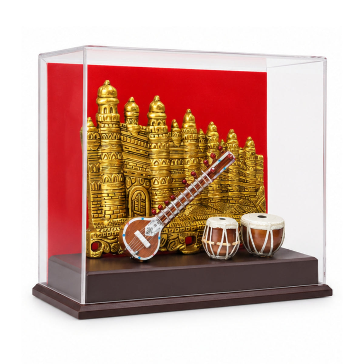 Premium Handcrafted Indian Classical Music Heritage Souvenir | Golden Gwalior Fort & Miniature Sitar-Tabla Replica Set in Acrylic Display Case GC-W-169-D