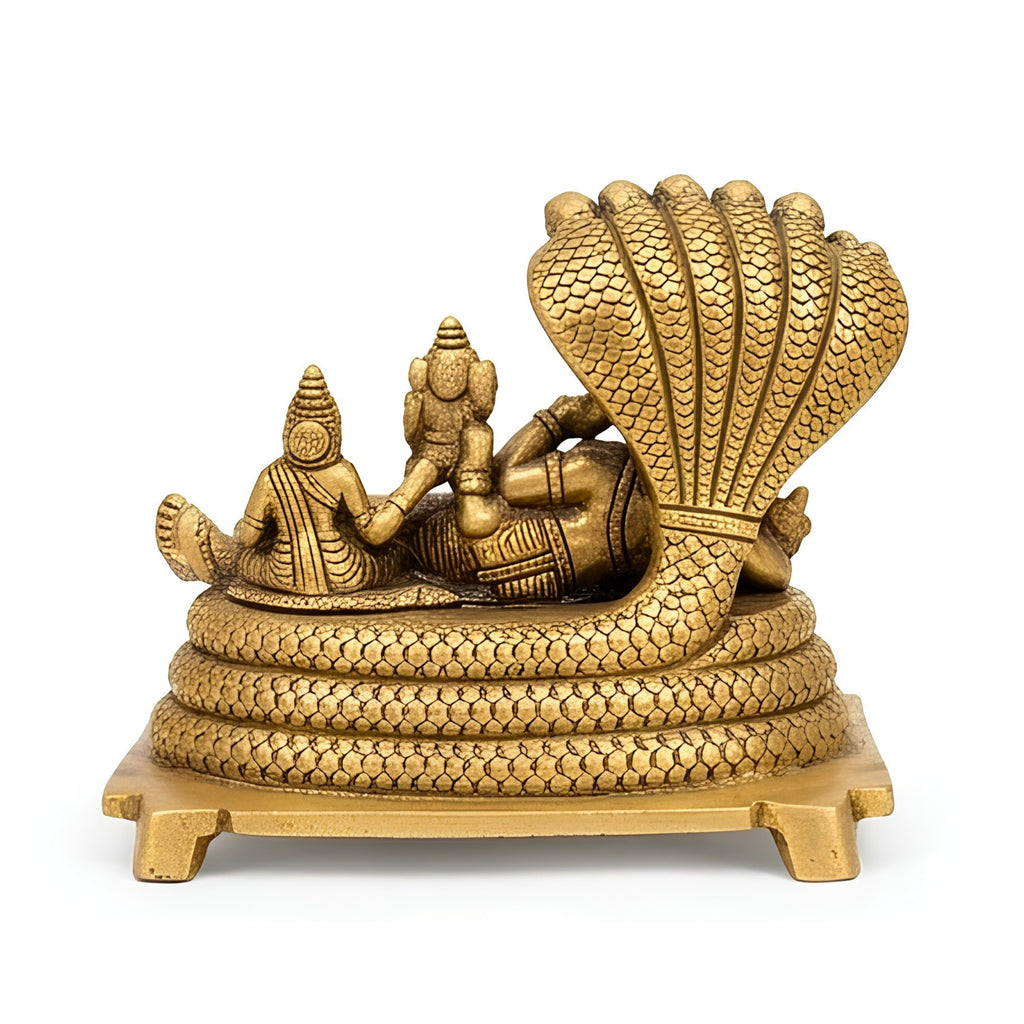 Handcrafted Brass Anantha Sayanam Vishnu Idol – Reclining Lord Vishnu on Sheshnag Couch with Goddess Lakshmi BR-351-A