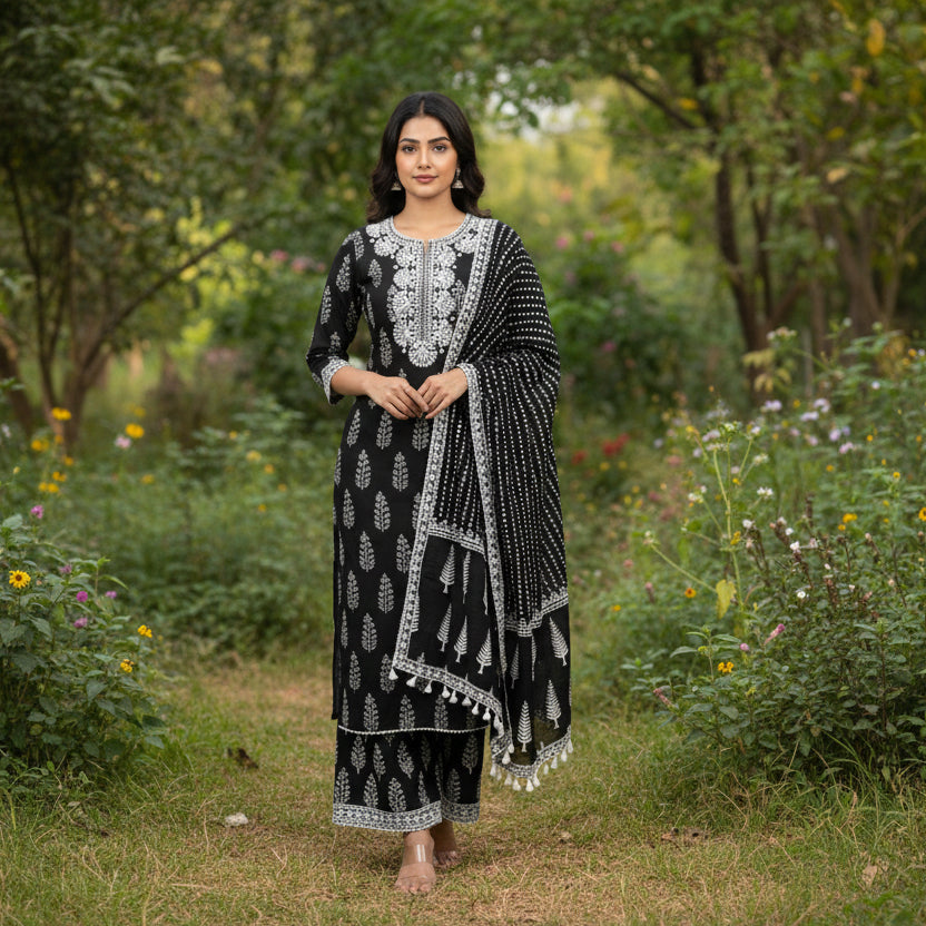 CraftEarth Women's Designer Black Suit Set with Matching Dupatta K-D164