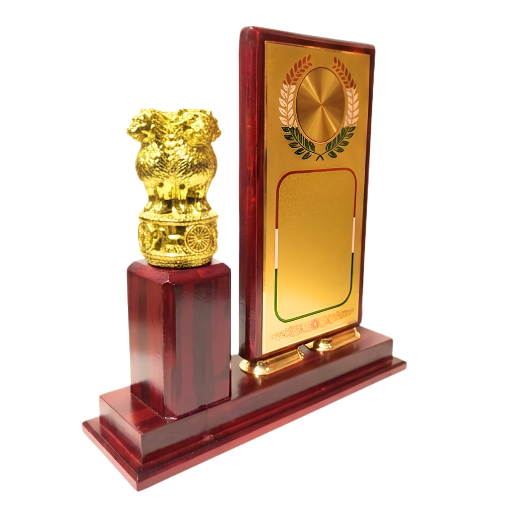Premium Wooden Recognition Shield with Golden Plate and Fiber Ashoka Lion Emblem Pillar M-615-A
