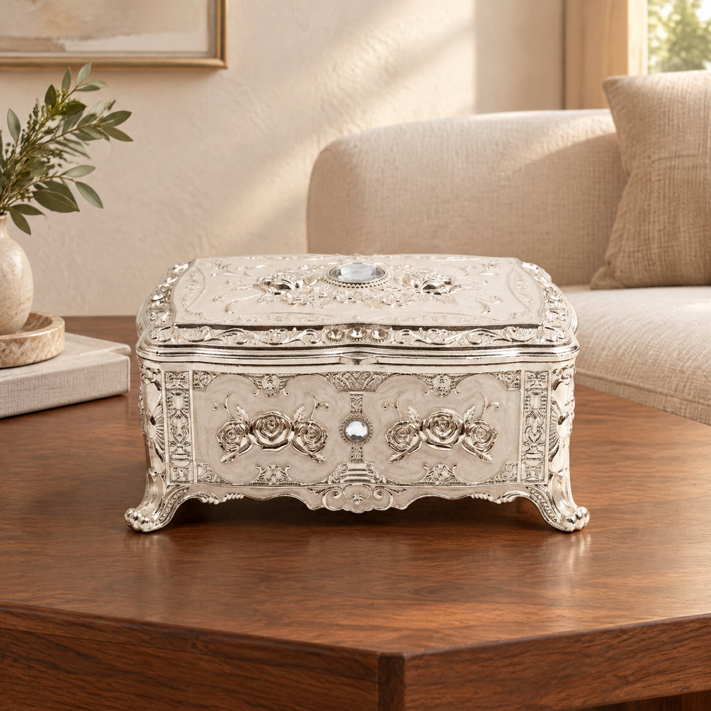 Vintage Antique-Style Silver Engraved Jewelry Box with Rose Relief & Crystal Accents W-78-A