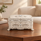 Vintage Antique-Style Silver Engraved Jewelry Box with Rose Relief & Crystal Accents W-78-A