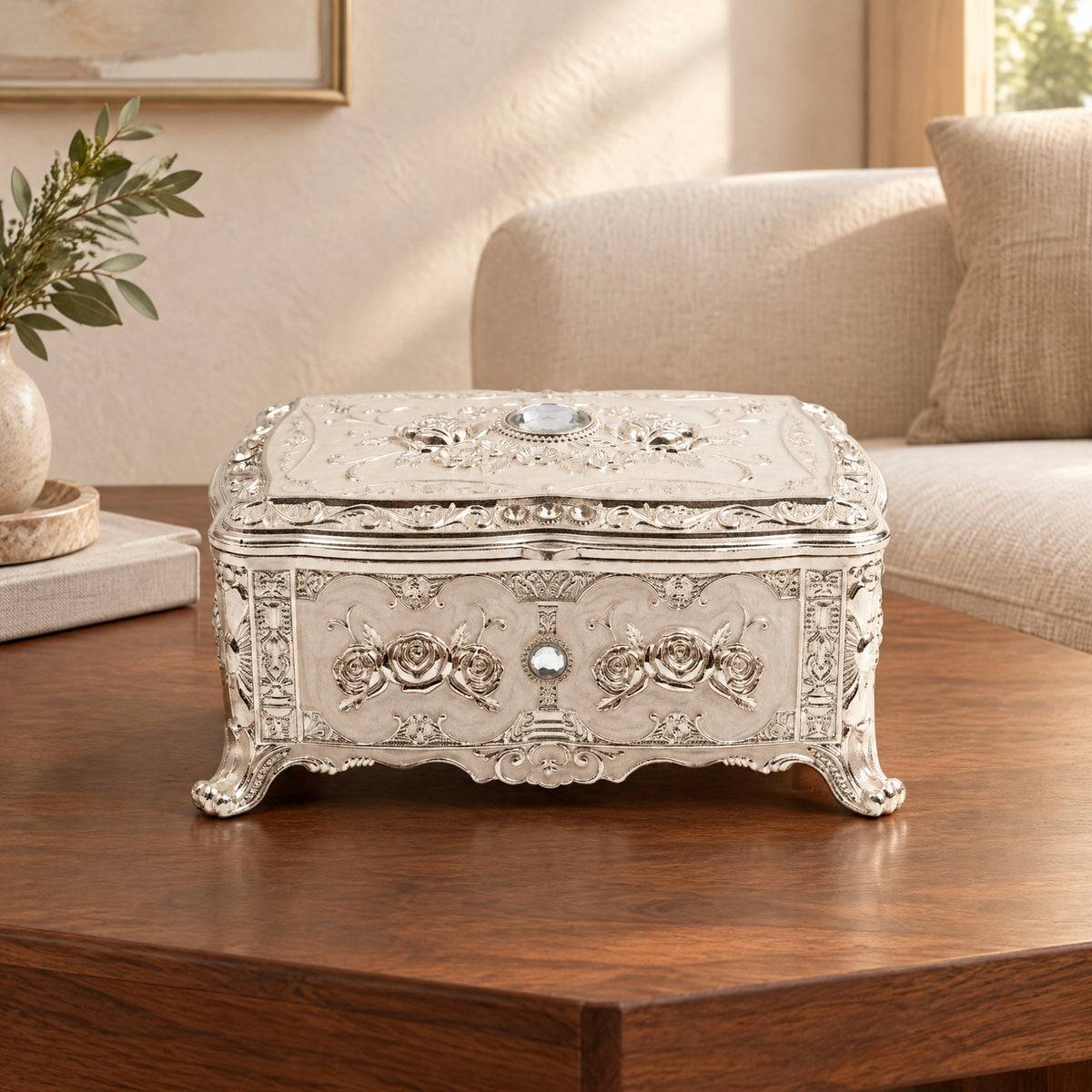 Vintage Antique-Style Silver Engraved Jewelry Box with Rose Relief & Crystal Accents W-78-A