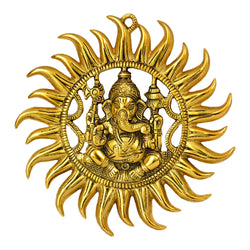 Golden Sun Wall Hanging with Lord Ganesha Idol W-45-A-G