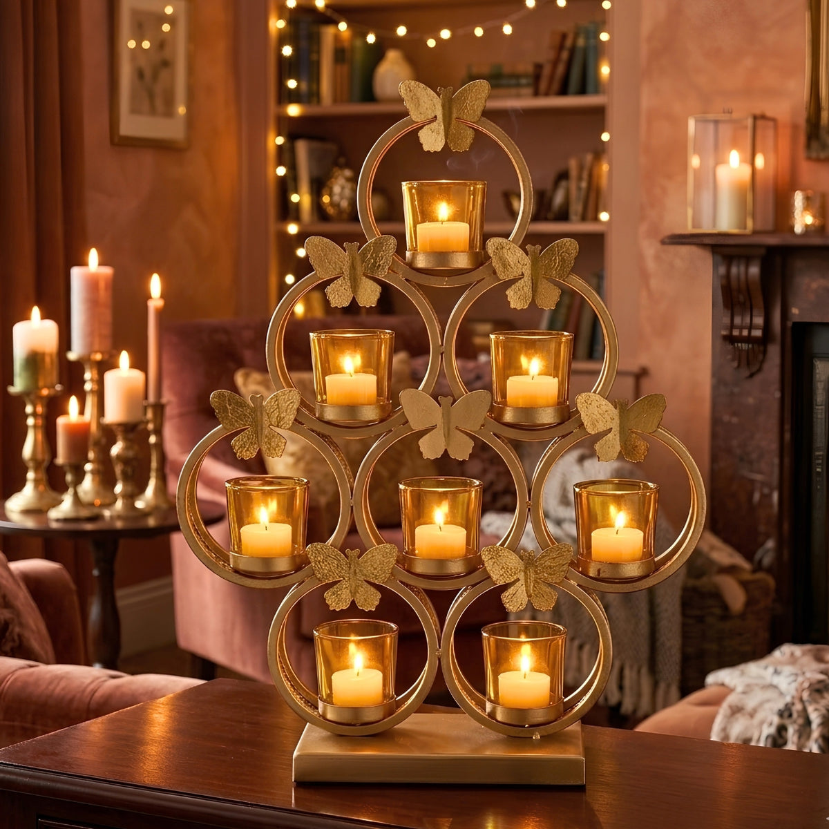 Luxury Metallic Butterfly Cluster Candle Caddy – Indian Diwali Festive Centerpiece & Premium Housewarming Gift I-48-A