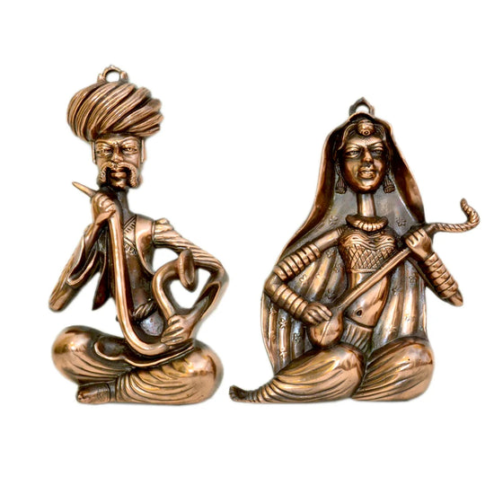 Rajasthani Musician Couple Wall Hanging – Antique Finish | Ethnic Indian Décor - G-176  (Set of 2)
