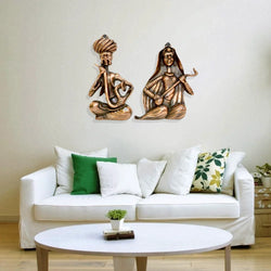 Rajasthani Musician Couple Wall Hanging – Antique Finish | Ethnic Indian Décor - G-176  (Set of 2)