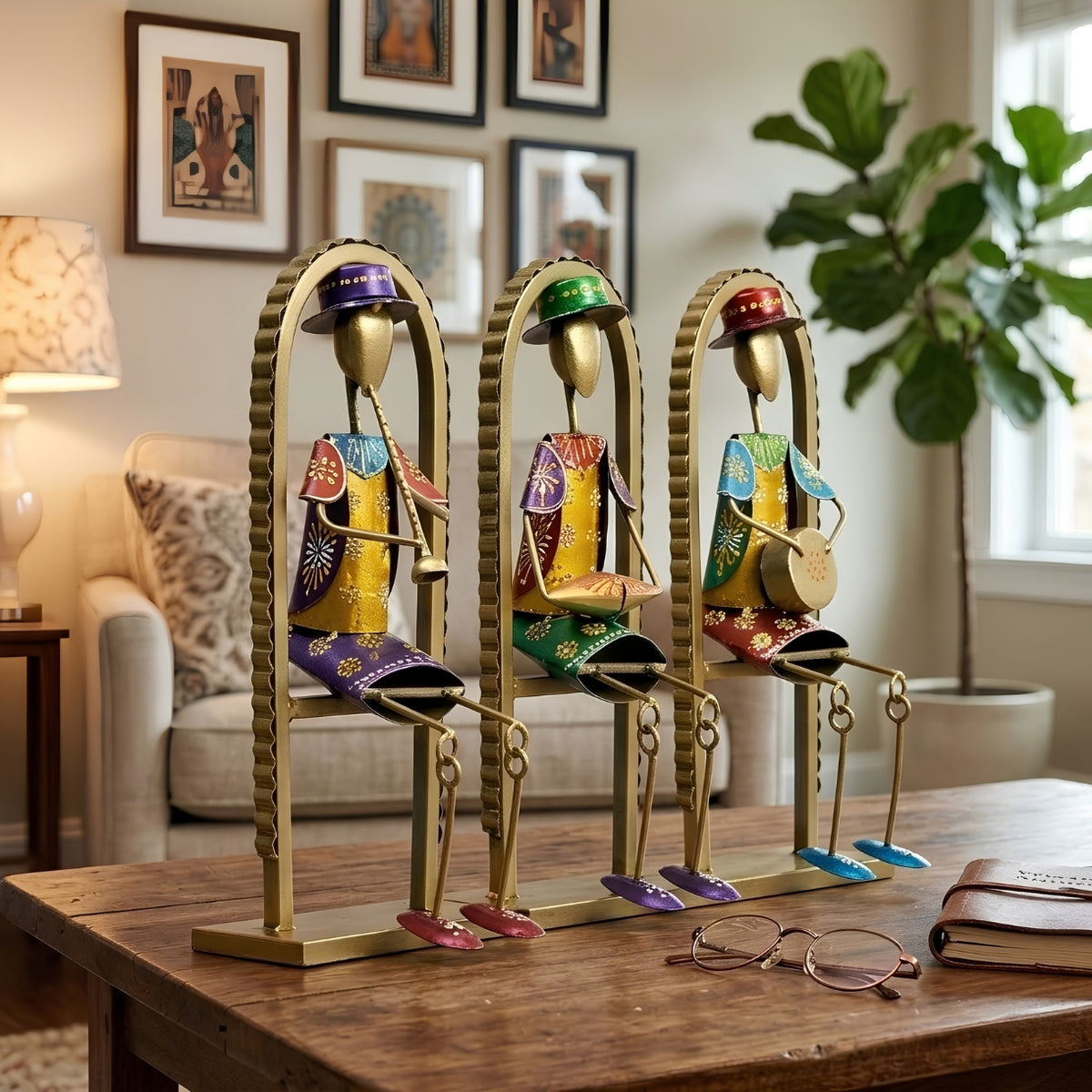 Handmade Tribal Style Metal Musician Set – Unique Tabletop Shelf Sitter & Festive Housewarming Gift I-315-A