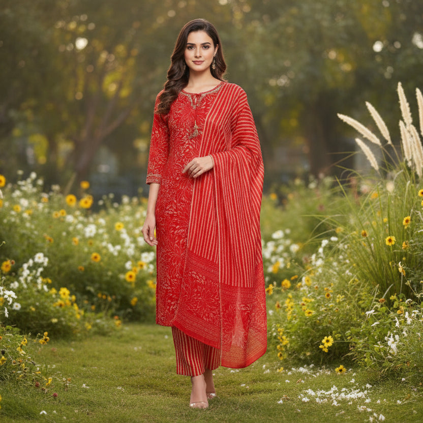 CraftEarth Women's Red Floral Printed Cotton Suit Set with Dupatta K-D163