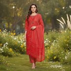 CraftEarth Women's Red Floral Printed Cotton Suit Set with Dupatta K-D163