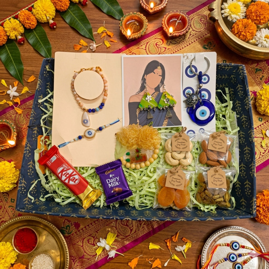 Premium Raksha Bandhan Evil Eye Gift Hamper with Bracelet, Traditional Jhumka Earrings, Chocolates, and Mixed Dry Fruits RC-14