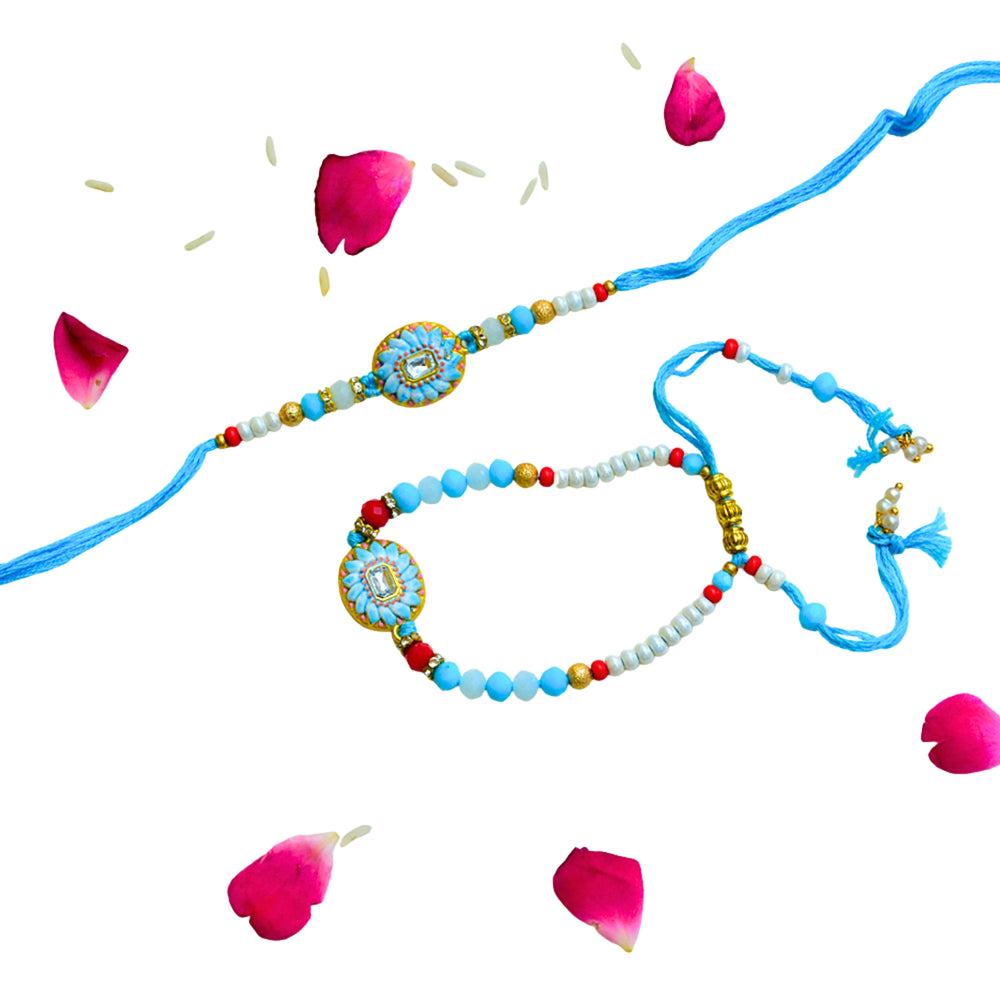 Premium Floral Charm Bhaiya-Bhabhi Rakhi Set – RK-270 | Traditional Design with Pearls & Beads