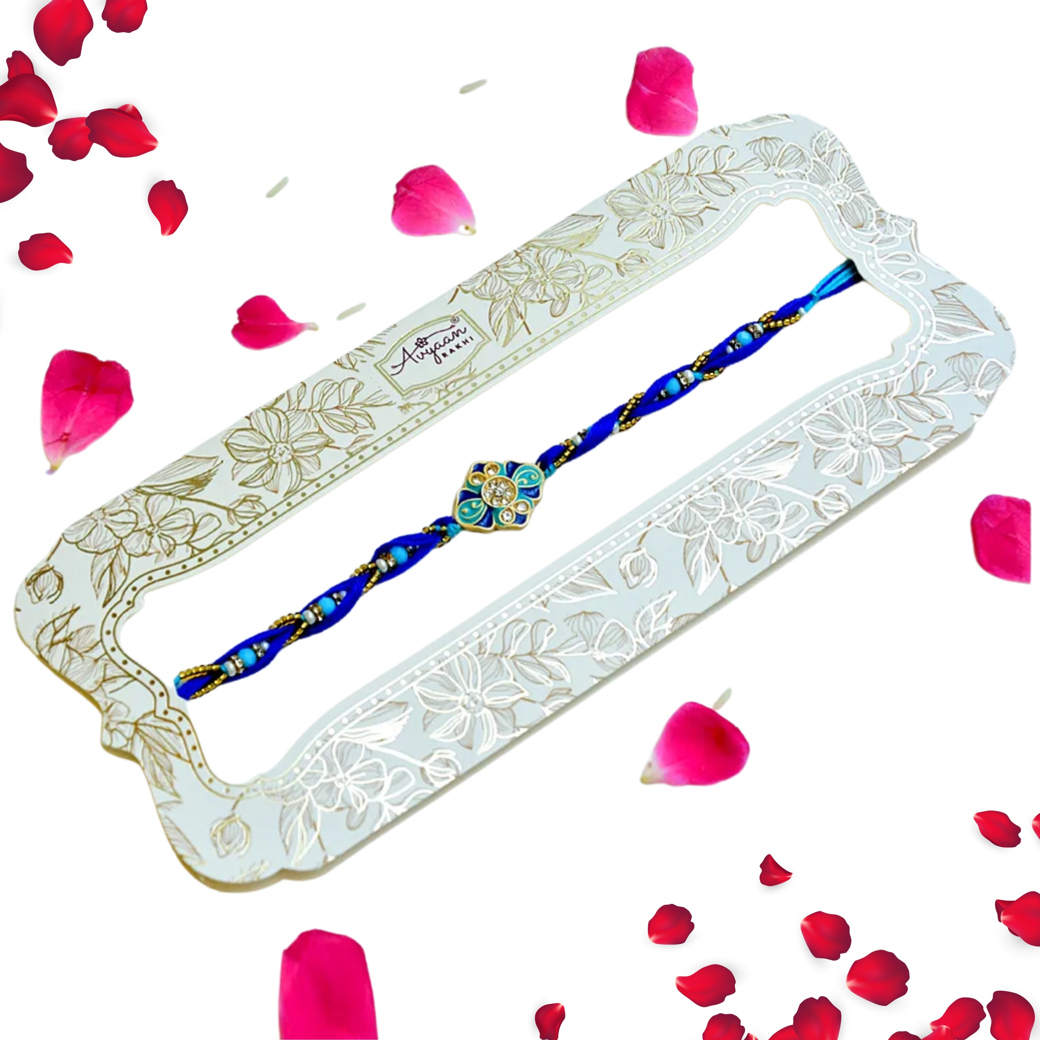 Ocean Bloom Rakhi – RK-228 | Blue Thread Rakhi with Floral Enamel & Crystal Detailing