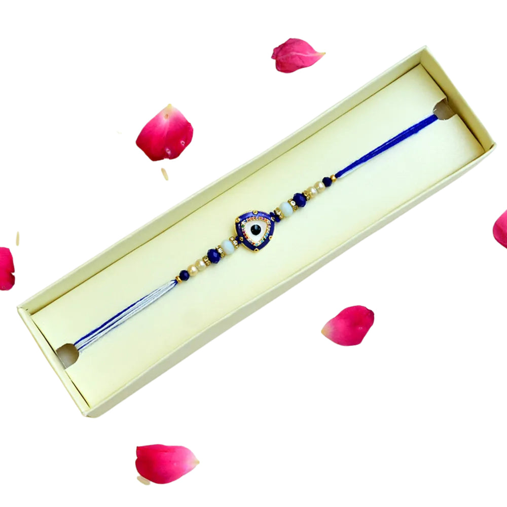 Trikona Evil Eye Rakhi – RK-246 | Triangle Blue Enamel Charm with Colorful Crystals & Beads