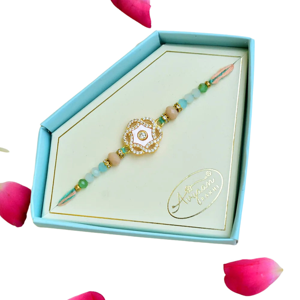 Pastel Peach & Green Stone Rakhi – RK-245 | Elegant Floral Design with Diamond Centerpiece