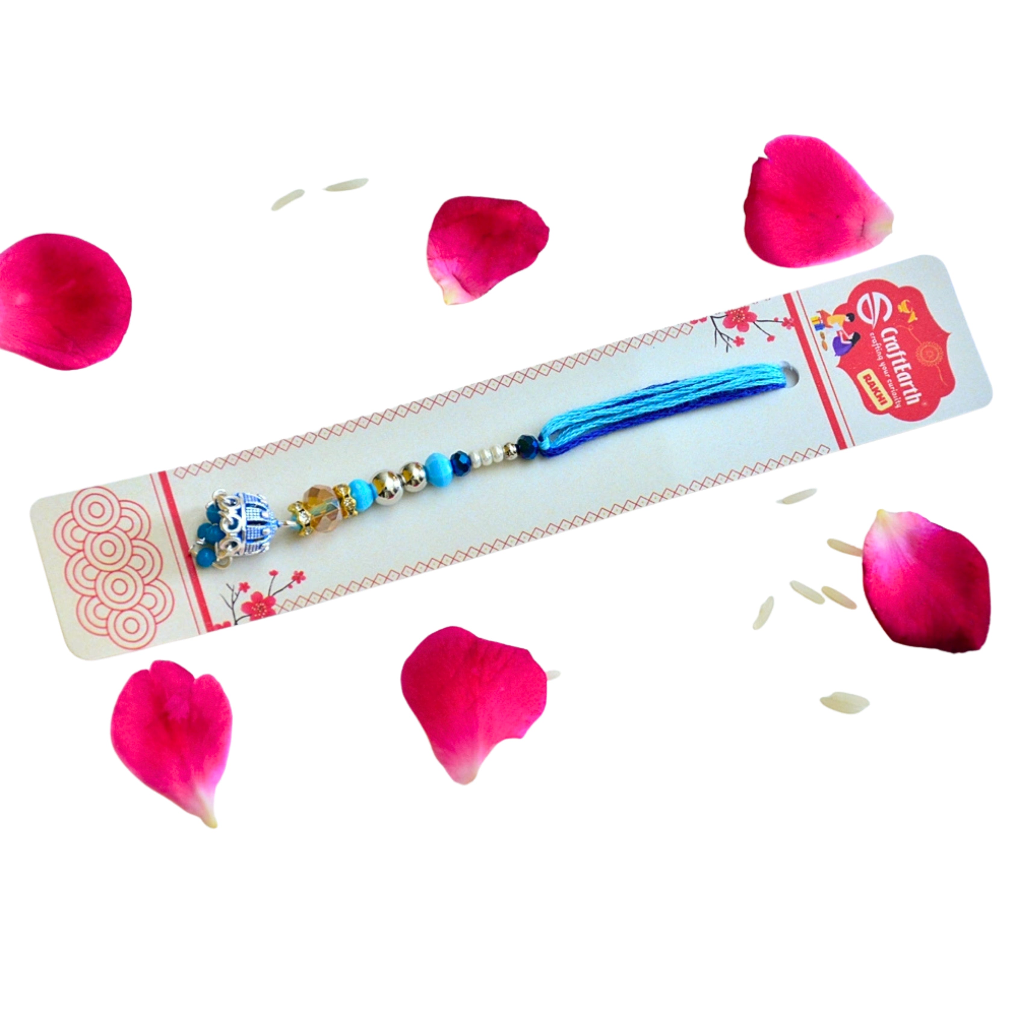 Elegant Blue Crystal Lumba Rakhi with Pearl Beads for Bhabhi - RK-286
