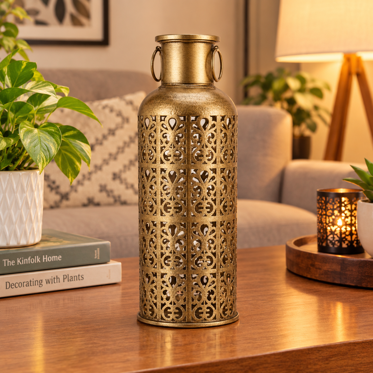 Antique Gold Metal Lattice Lantern – Moroccan-Style Tall Filigree Cylinder Vase with Ring Handles I-225
