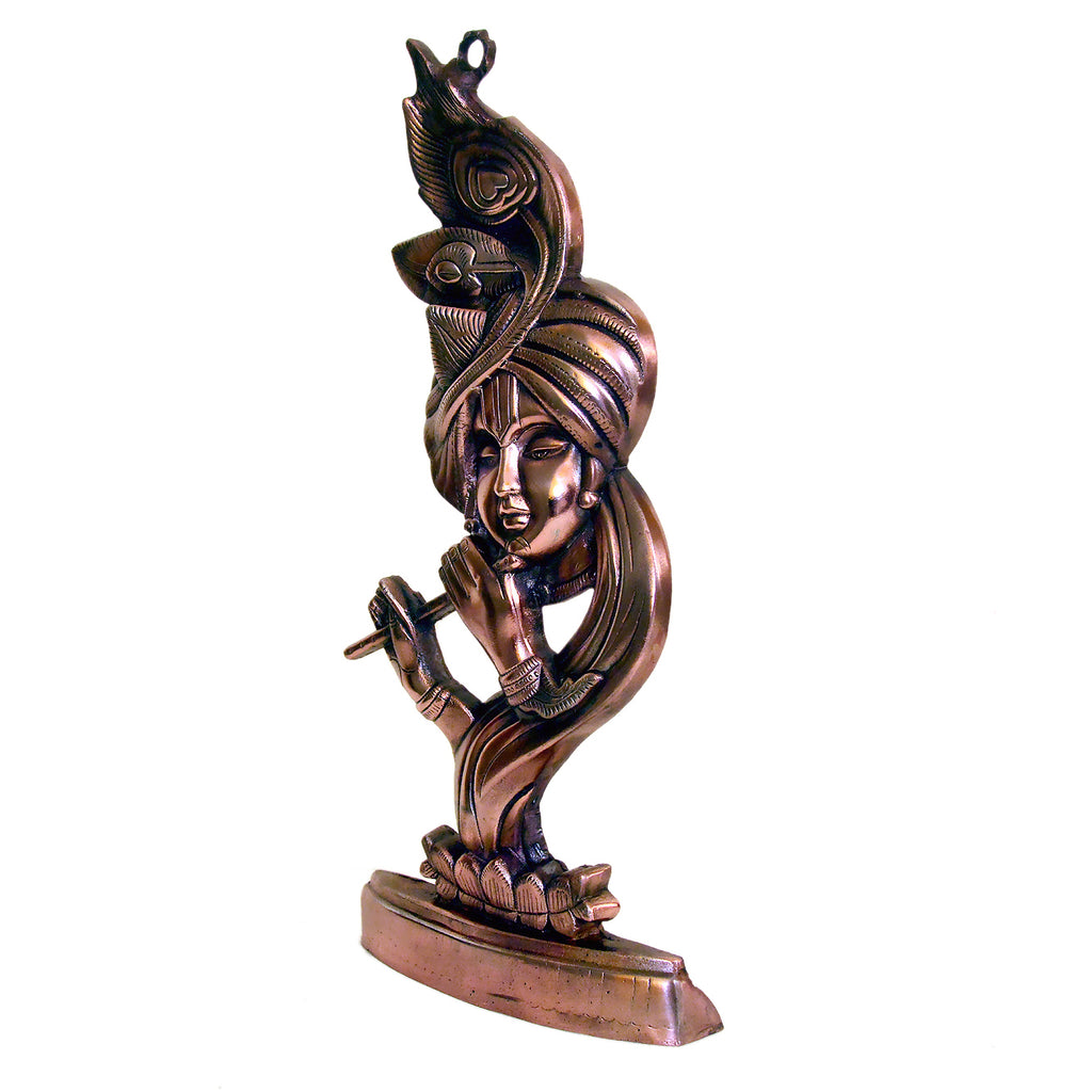 Metal Krishna Statue with Flute and Peacock Feather G-108-B-WS