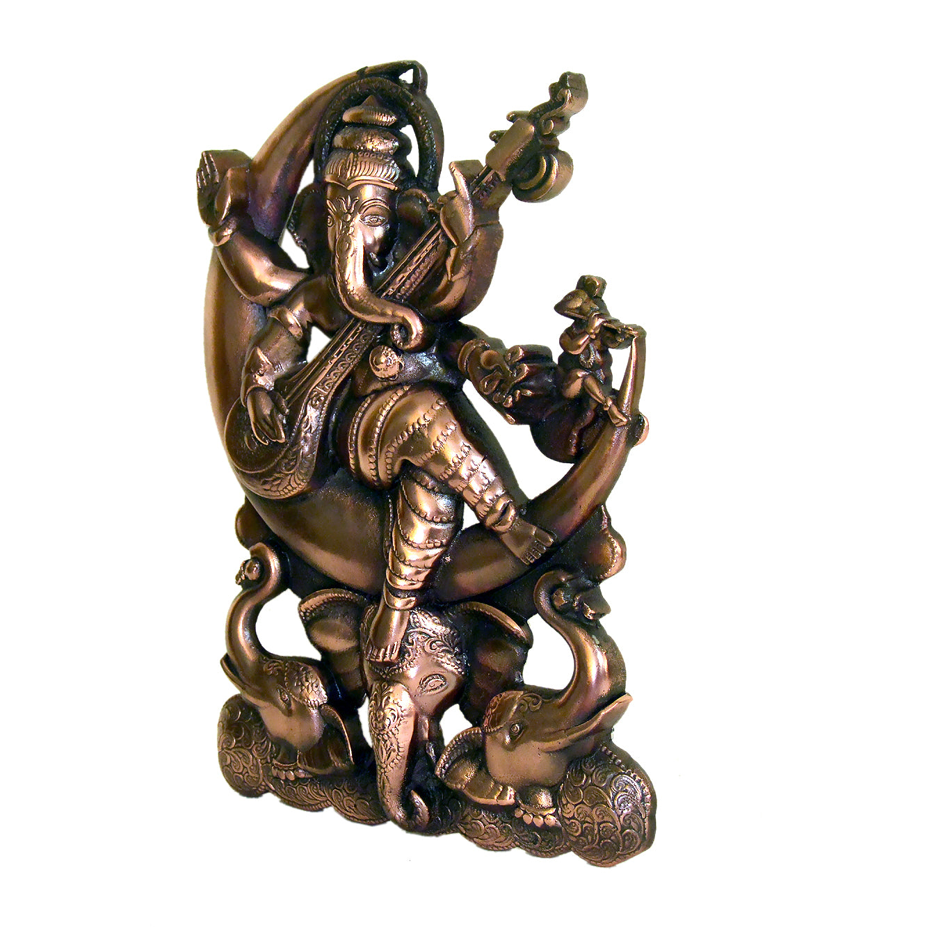 Metal Ganesha with Veena Statue - Handcrafted Musical Deity Idol G-254-A