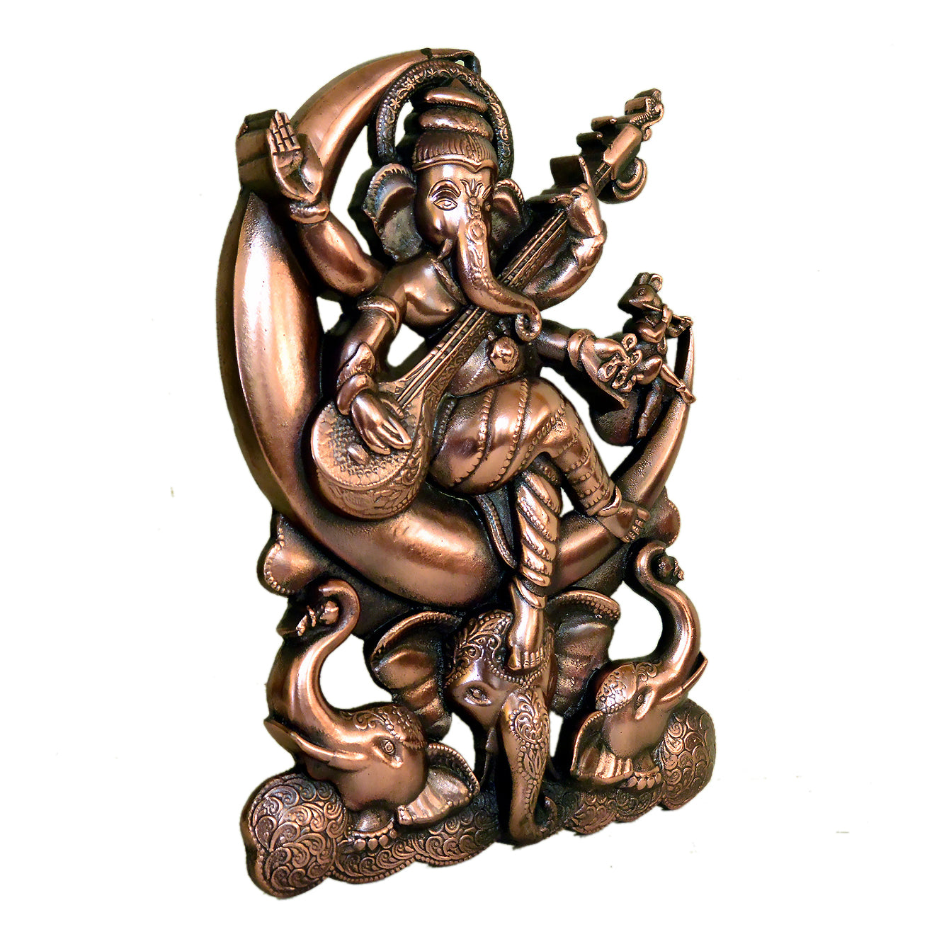 Metal Ganesha with Veena Statue - Handcrafted Musical Deity Idol G-254-A